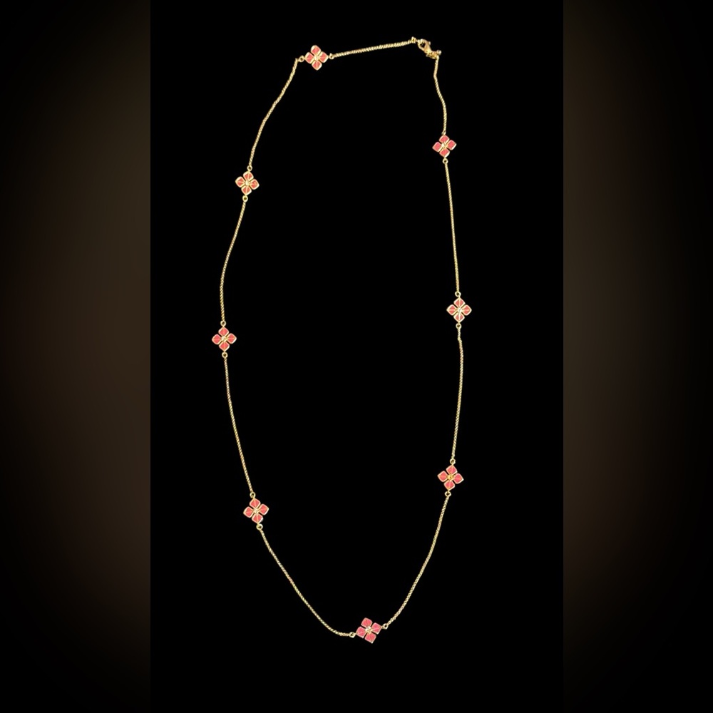 NWT Ann Taylor Long Gold Tone Pink Enamel Flower Necklace